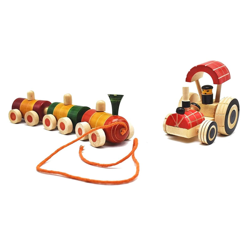 Pull Along Toy Wooden - Train & Tractor