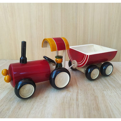 Push & Pull Along Toy Wooden Tractor with Trolley