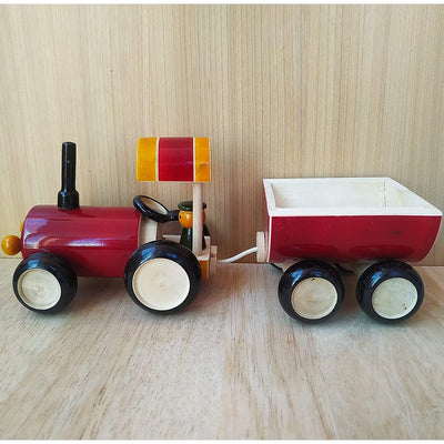 Push & Pull Along Toy Wooden Tractor with Trolley