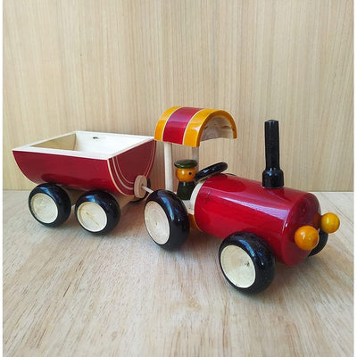 Push & Pull Along Toy Wooden Tractor with Trolley