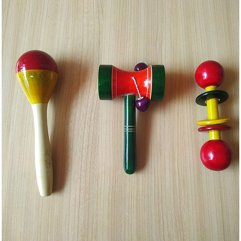 Wooden rattles toys for Baby - Set of 3 pcs - multicolor