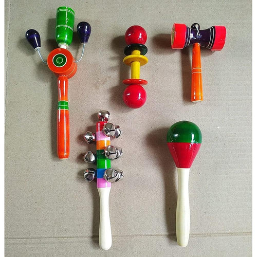 Channapatna Toys Set of 5 Pieces - Wooden Rattles Toys (3-12 Months) | Assorted Colours