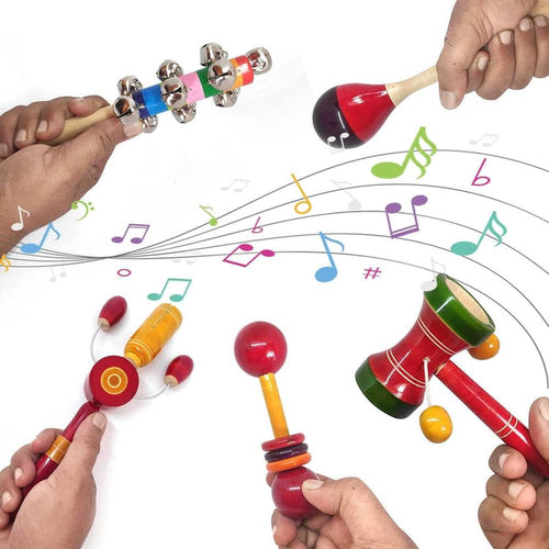 Channapatna Toys Set of 5 Pieces - Wooden Rattles Toys (3-12 Months) | Assorted Colours