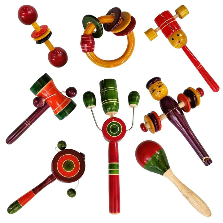 Set of 8 Multicolor Wooden Rattles (3-12 Months)