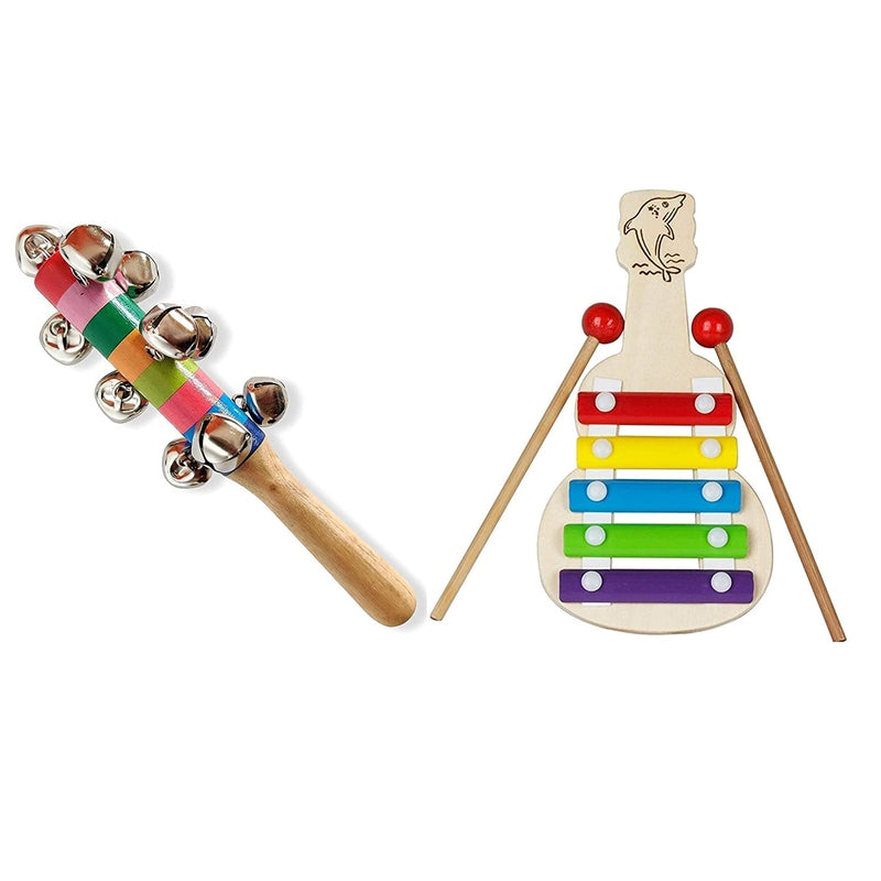 Wooden Xylophone & Jingle bell Rattle toys for Kids - Multicolor