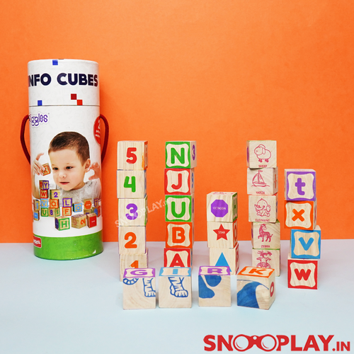 Funskool Info Cubes - Wooden Blocks Bucket | Alphabets & Numbers (1-4 Years)