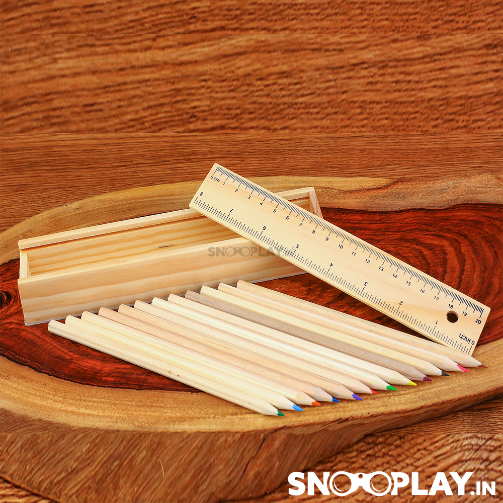 5 Packs of Wooden Pencil Box (Each Pack contains 1 Pencil Box, 12 Colour Pencils & 1 Scale)