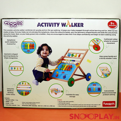 The back side of the box of foldable activity walker for kids, and hence is very portable.