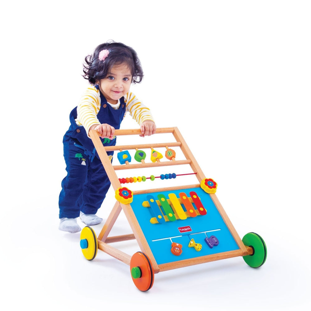 The push walker for kids xylophone toy along with attractive and colorful beads and various geometric shapes and blocks.