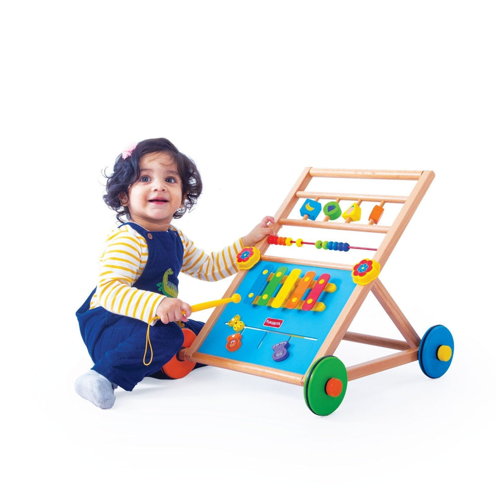 The multipurpose 2 in 1 activity walker for kids made of wood and has various interesting toys and games in it.