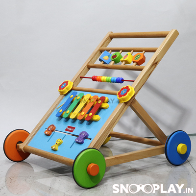 The foldable and easy to store activity walker made of wood that has multiple games for kids to play.