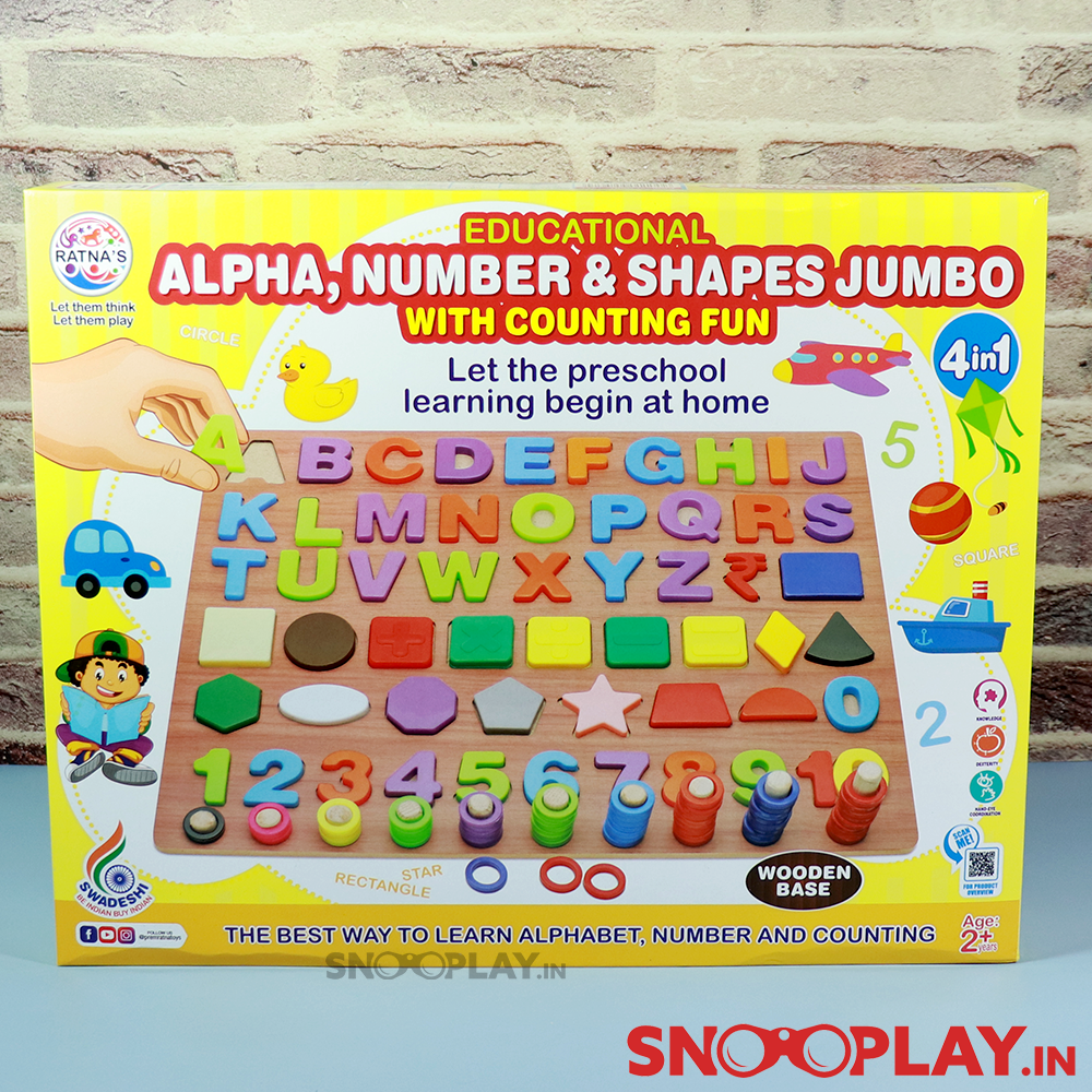 Alphabets Numbers & Shapes With Counting (Wooden Base) Educational Toy For Kids