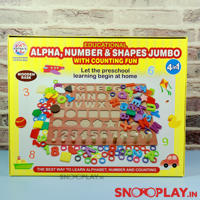 Alphabets Numbers & Shapes With Counting (Wooden Base) Educational Toy For Kids