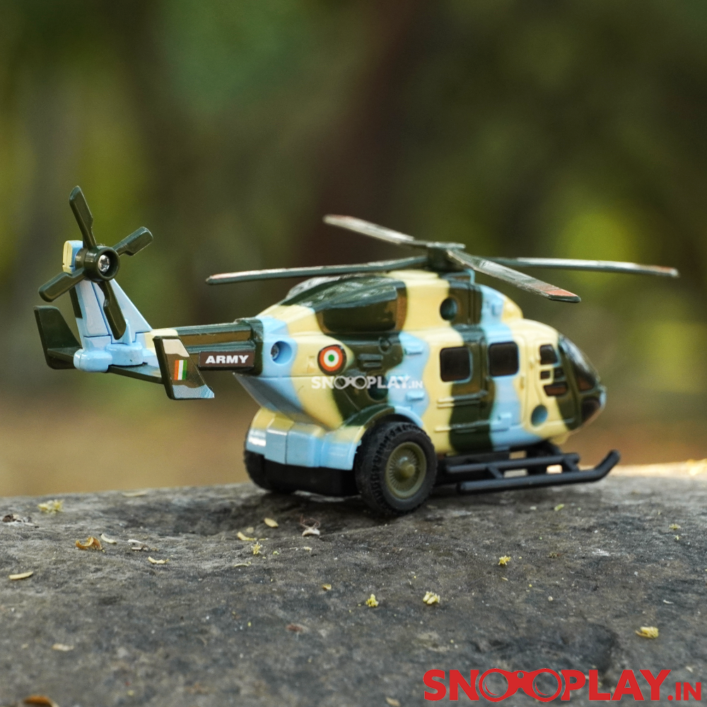 The army helicopter toy that comes with a roto on the top and on its tail, rolling wheels and a stand.