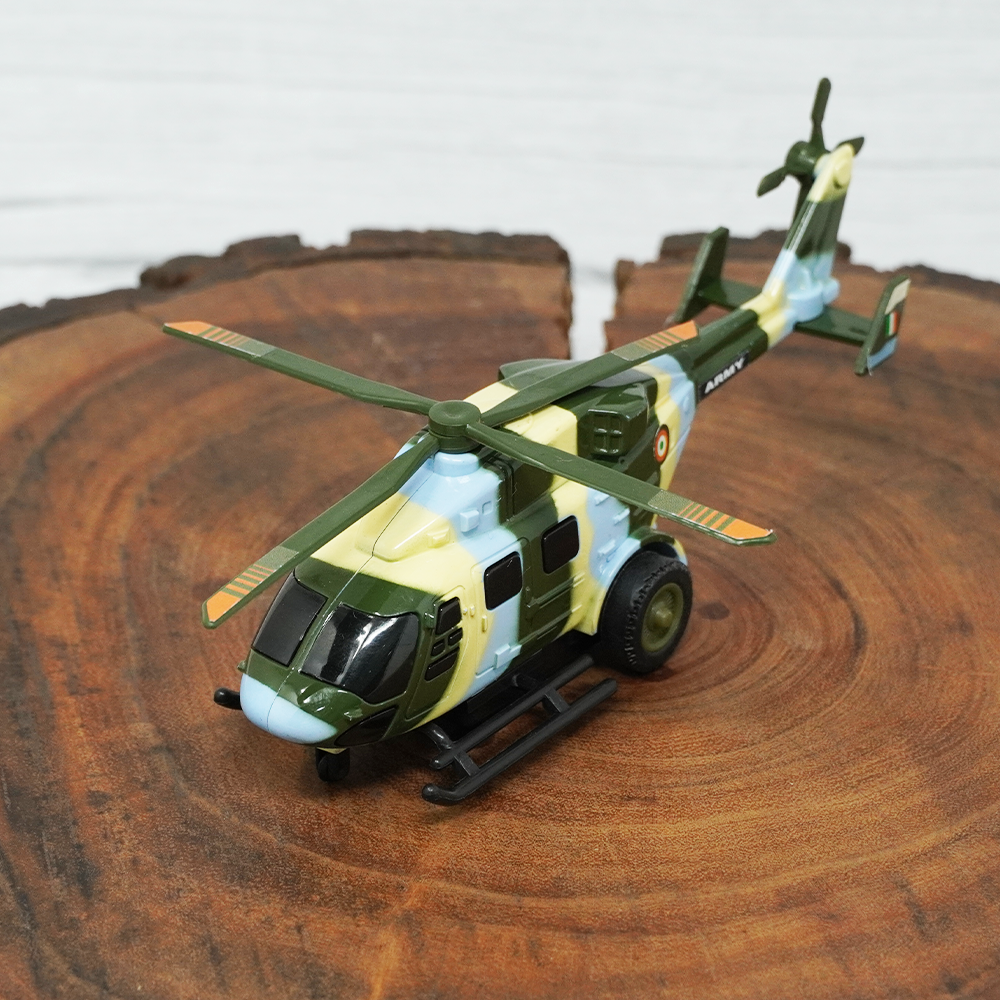 The top view of the army helicopter toy that is easy to play and comes with the rotor on the top that spins when the vehicle is pulled back.