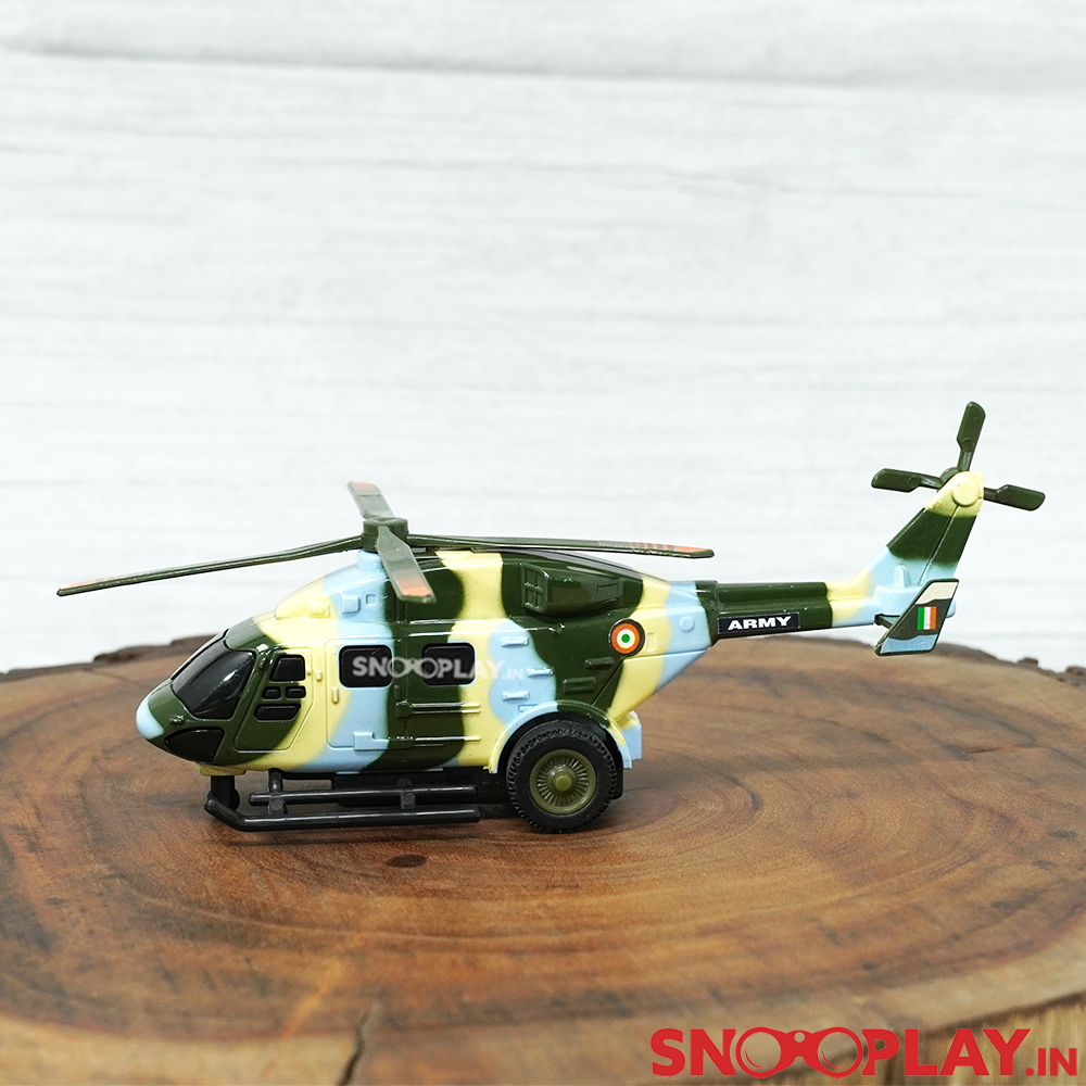 Army helicopter toy that is easy to play and even improves motor skills, hand eye coordination, social skills and social learning.
