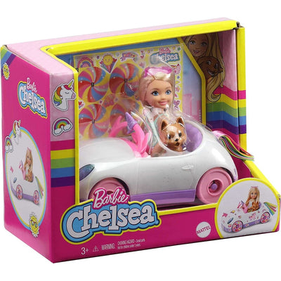 Original Barbie Chelsea Doll & Car with Open-Top Rainbow Unicorn-Themed Car, Pet Puppy, Sticker Sheet & Accessories