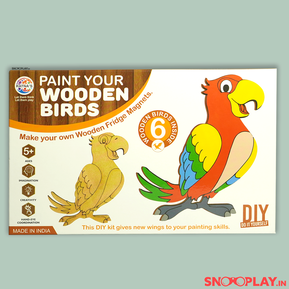 Paint Your Wooden Birds DIY Kit ( with fridge magnets ) lets your kid paint the most beautiful birds of the ecosystem
