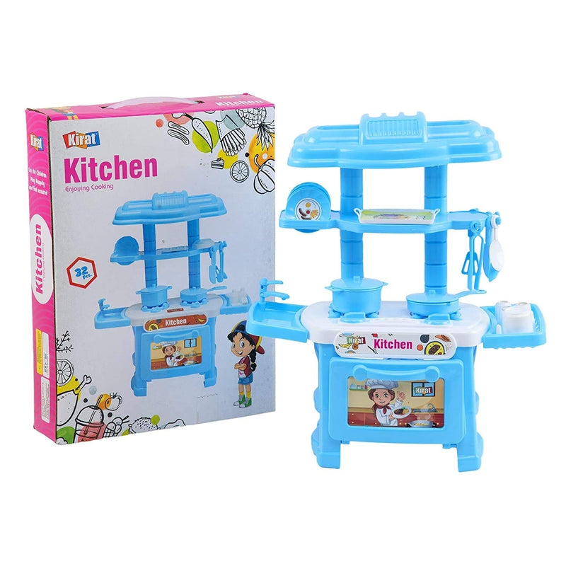 Little Chef Cartoon Printed Mini Kitchen Set With Cooking Utensils Toy Kit Non-toxic Plastic Role Pretend Play Kit - Blue