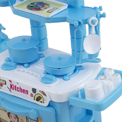 Little Chef Cartoon Printed Mini Kitchen Set With Cooking Utensils Toy Kit Non-toxic Plastic Role Pretend Play Kit - Blue