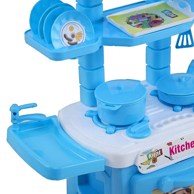 Little Chef Cartoon Printed Mini Kitchen Set With Cooking Utensils Toy Kit Non-toxic Plastic Role Pretend Play Kit - Blue