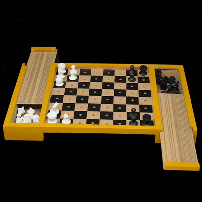 The Braille chess board game in which each piece has a peg design that allows it to snugly fit across the board.
