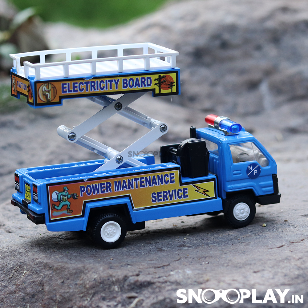 The blue coloured break down service truck toy with power maintenance service written on it.
