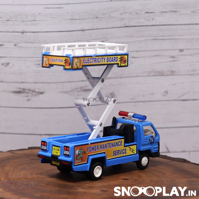 The blue coloured break down service truck toy with its hydraulic staircase.