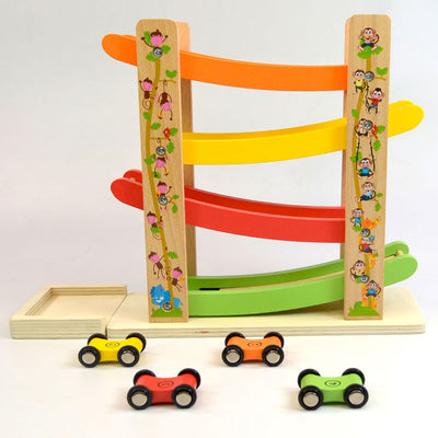 Speedy Wheels Wooden Ramp Racer Toy with 4 Car Ramps, 4 Mini Cars - Wood Race Track - Multi Color