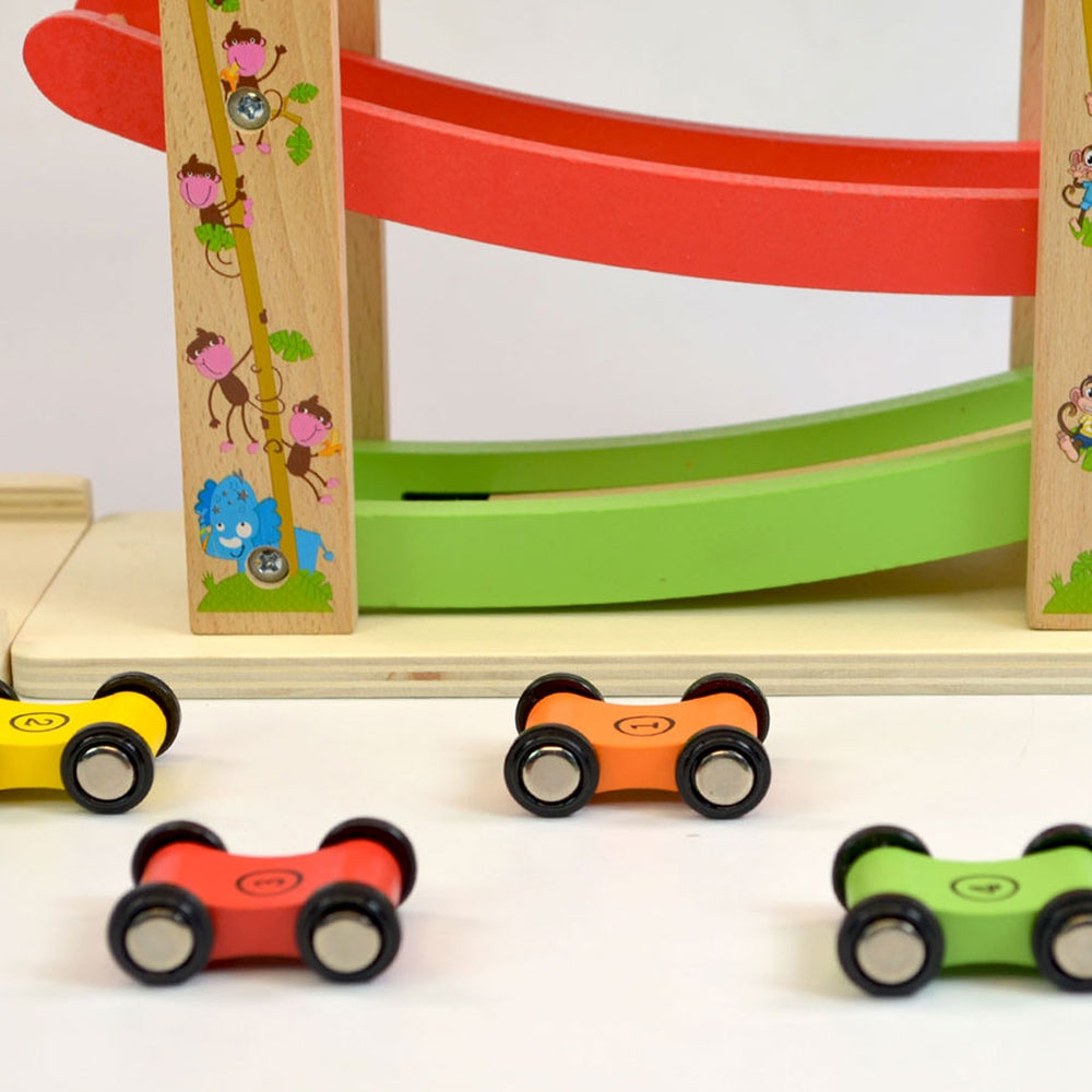 Speedy Wheels Wooden Ramp Racer Toy with 4 Car Ramps, 4 Mini Cars - Wood Race Track - Multi Color