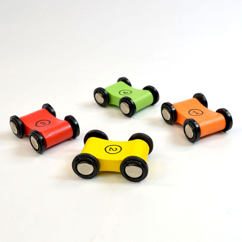 Speedy Wheels Wooden Ramp Racer Toy with 4 Car Ramps, 4 Mini Cars - Wood Race Track - Multi Color