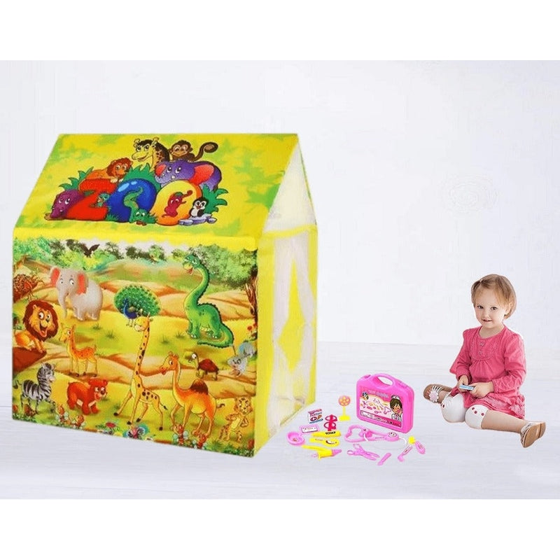 Combo of 2 Cartoon Zoo Animals Printed Play Tent House With 1 Kids Doctor Set Briefcase Kit