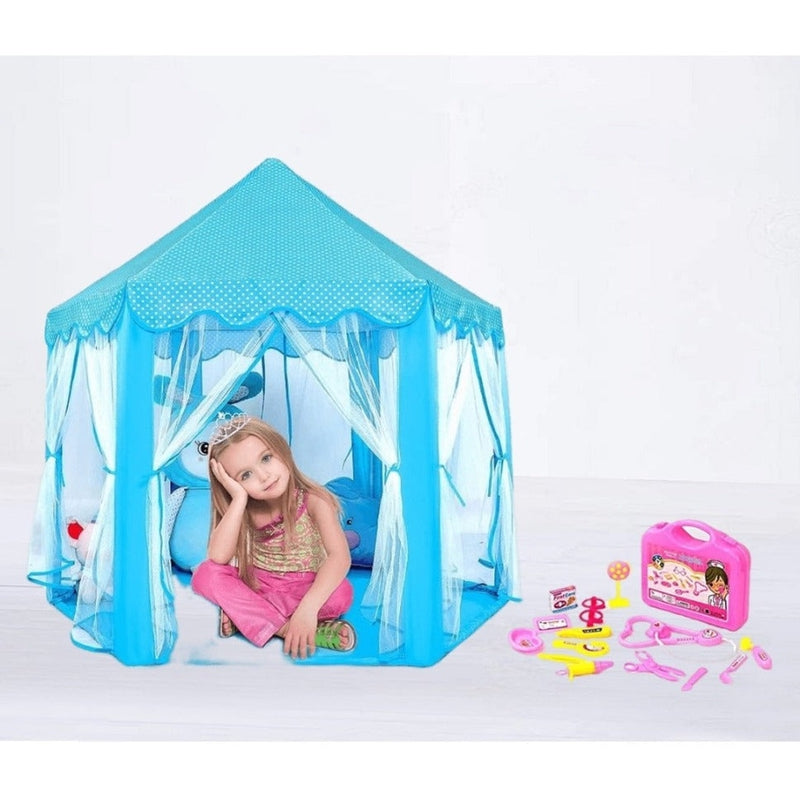 Combo of 2 Aqua Blue Printed Tent Castle Play House With 1 Kids Doctor Set Briefcase Kit