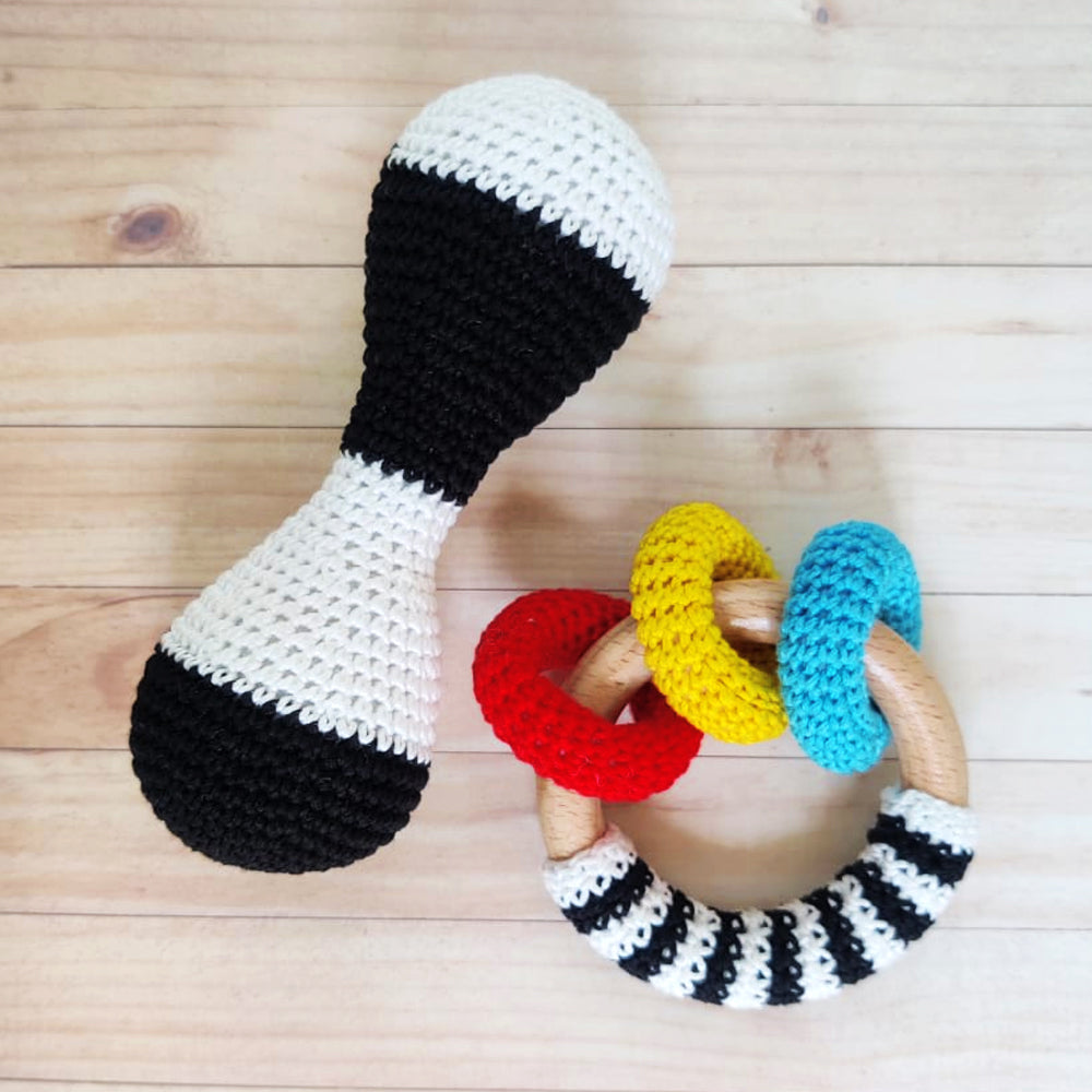High Contrast Crochet and Wooden Rattles