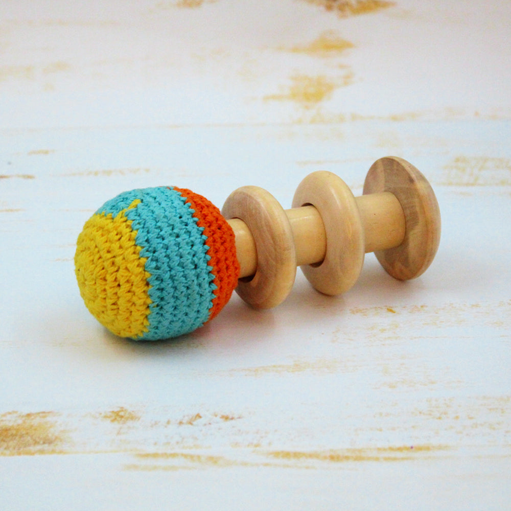 Organic Crochet Shaker Wooden Baby Rattle Toy