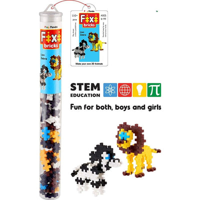 Fixi Bricks Jungle Tube 2 - Lion and Zebra - With 110 pcs, Detailed Assembly Instructions and Storage Tube - Small Parts (Age 6-99 years)