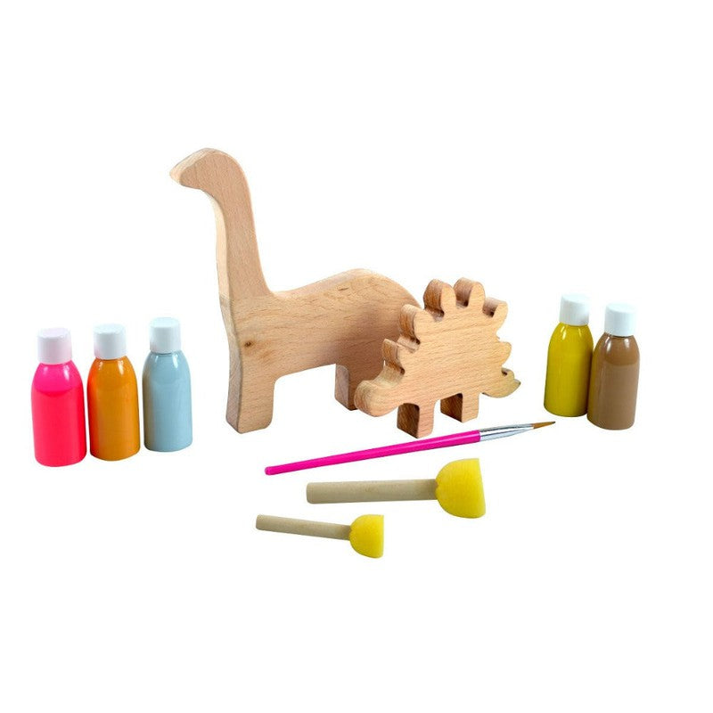 DIY Kit-Dino Set of 2- 2 Wooden Dinosaurs, 5 Color Bottles, 1 Paint Brush, 2 Sponge Brush with Different Size