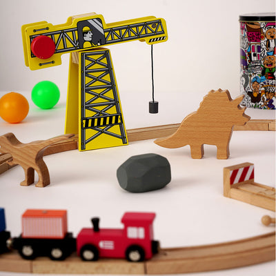 The Dino Land - Starter Pack Wooden Playset Include  20 Wooden Track, 3 Trains, 3 Signals, 1Crane , 2 Stones, 2 Dinosaurs, Wooden Animal Toy Dinosaur for Toddlers
