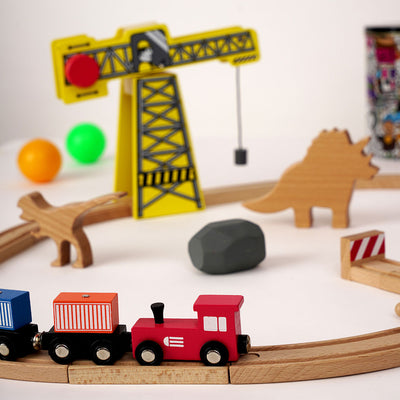 The Dino Land - Starter Pack Wooden Playset Include  20 Wooden Track, 3 Trains, 3 Signals, 1Crane , 2 Stones, 2 Dinosaurs, Wooden Animal Toy Dinosaur for Toddlers