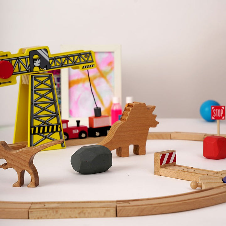 The Dino Land - Starter Pack Wooden Playset Include  20 Wooden Track, 3 Trains, 3 Signals, 1Crane , 2 Stones, 2 Dinosaurs, Wooden Animal Toy Dinosaur for Toddlers