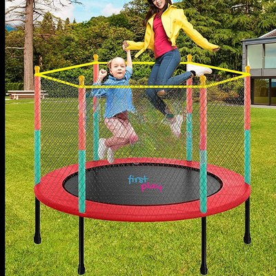 Black Powder Coated Frame Trampoline with Safety Enclosure Net and Spring Pad - 55 inch (Support Upto 100 KG) - Red and Green (COD Not Available)