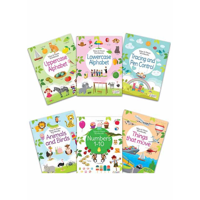 Set of 6 Reusable Washable Wipe & Clean Books with Free Pens (Animal & Birds, Lowercase Alphabet, Numbers 1-10, Things That Move, Tracing & Pen Control and Uppercase Alphabet)