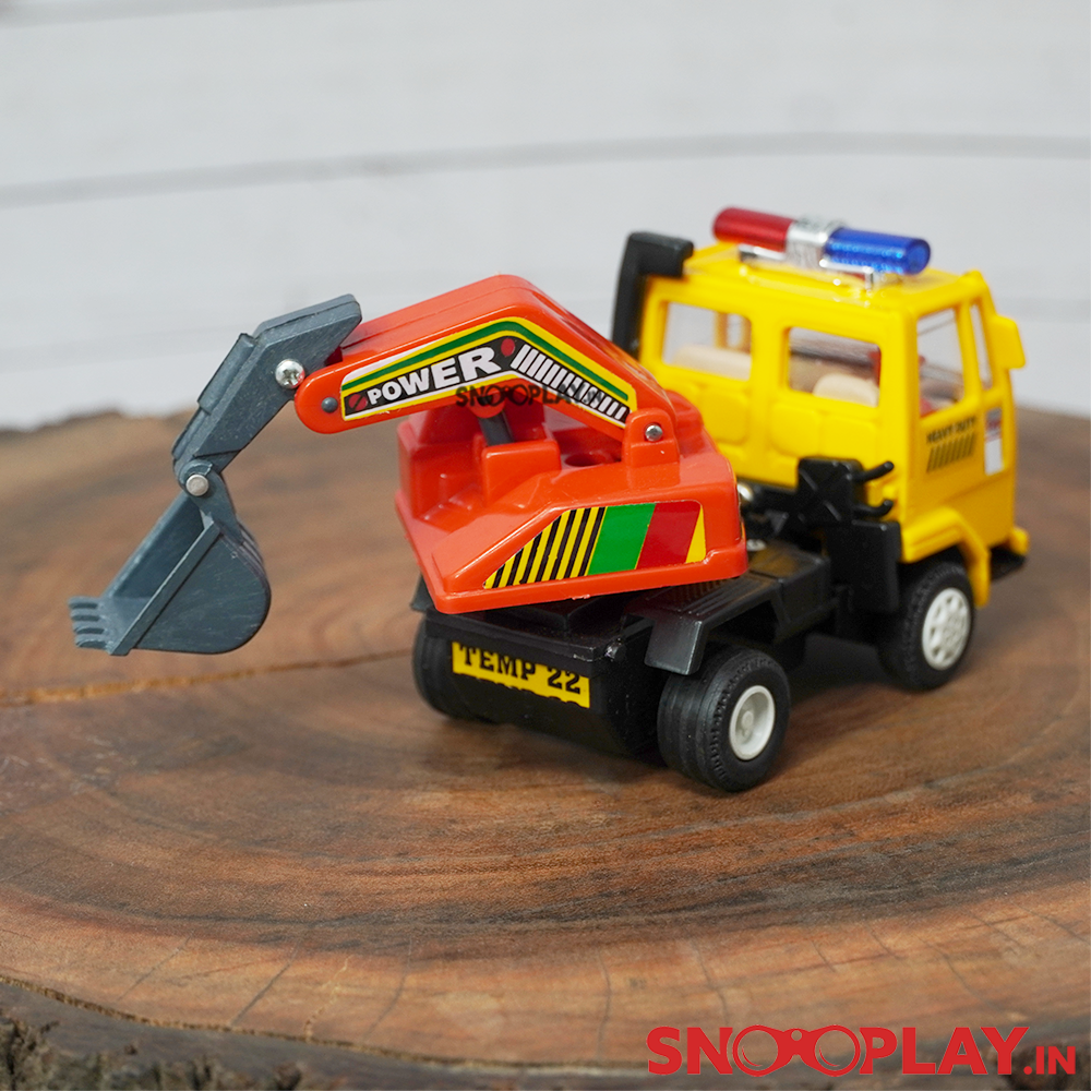The excavator construction toy with a pull back mechanism to keep the kids occupied and away from screens.