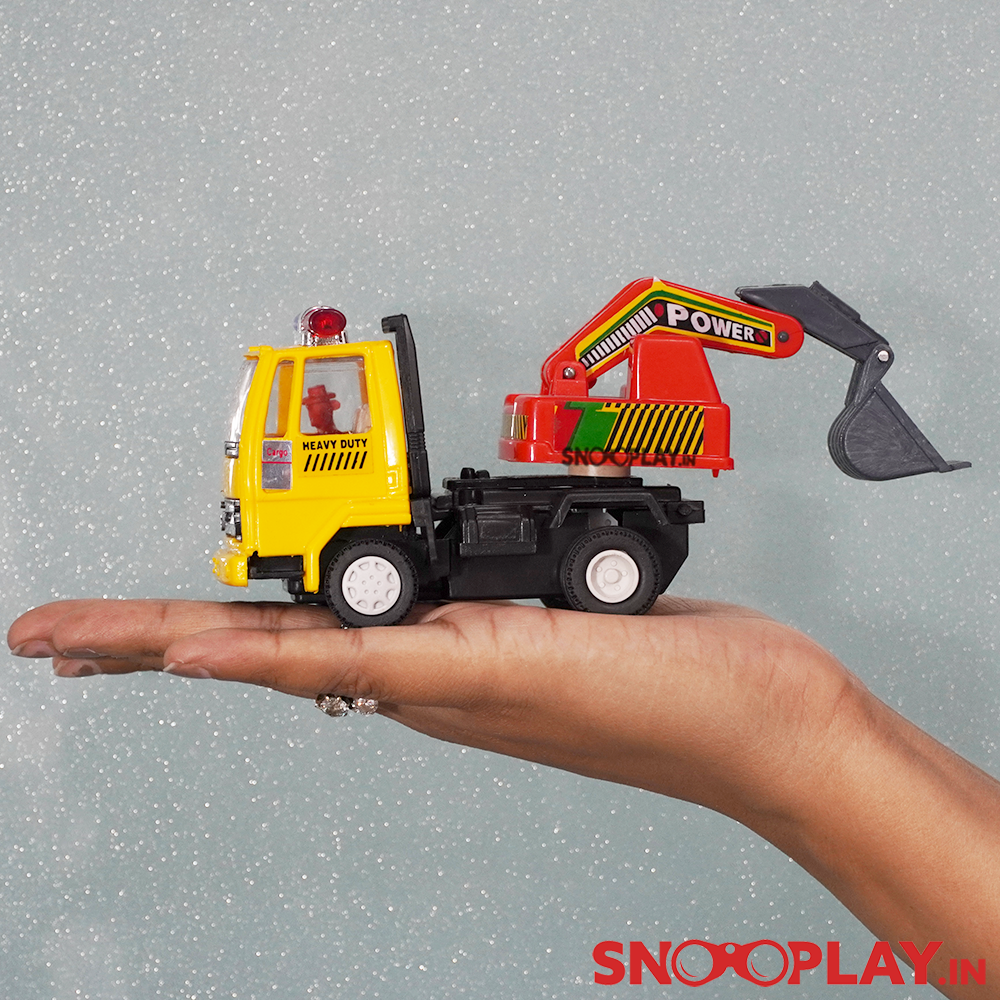 The excavator toy that comes with a pull back feature, and is of length 4.4 inches.