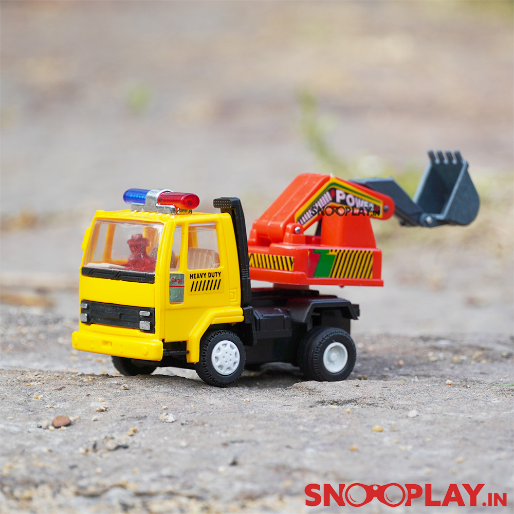 Excavator toy truck with a pull back and a swivel action.
