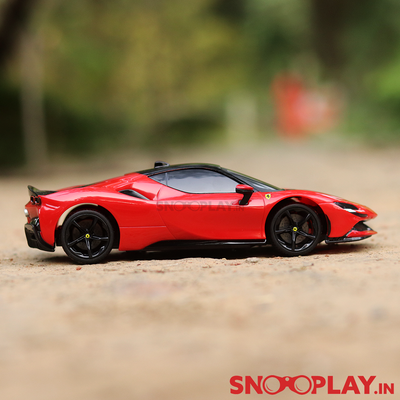 Ferrari SF90 Stradale remote control car with a very shiny red exterior to an amazingly designed bonnet of the car with a prancing horse logo.