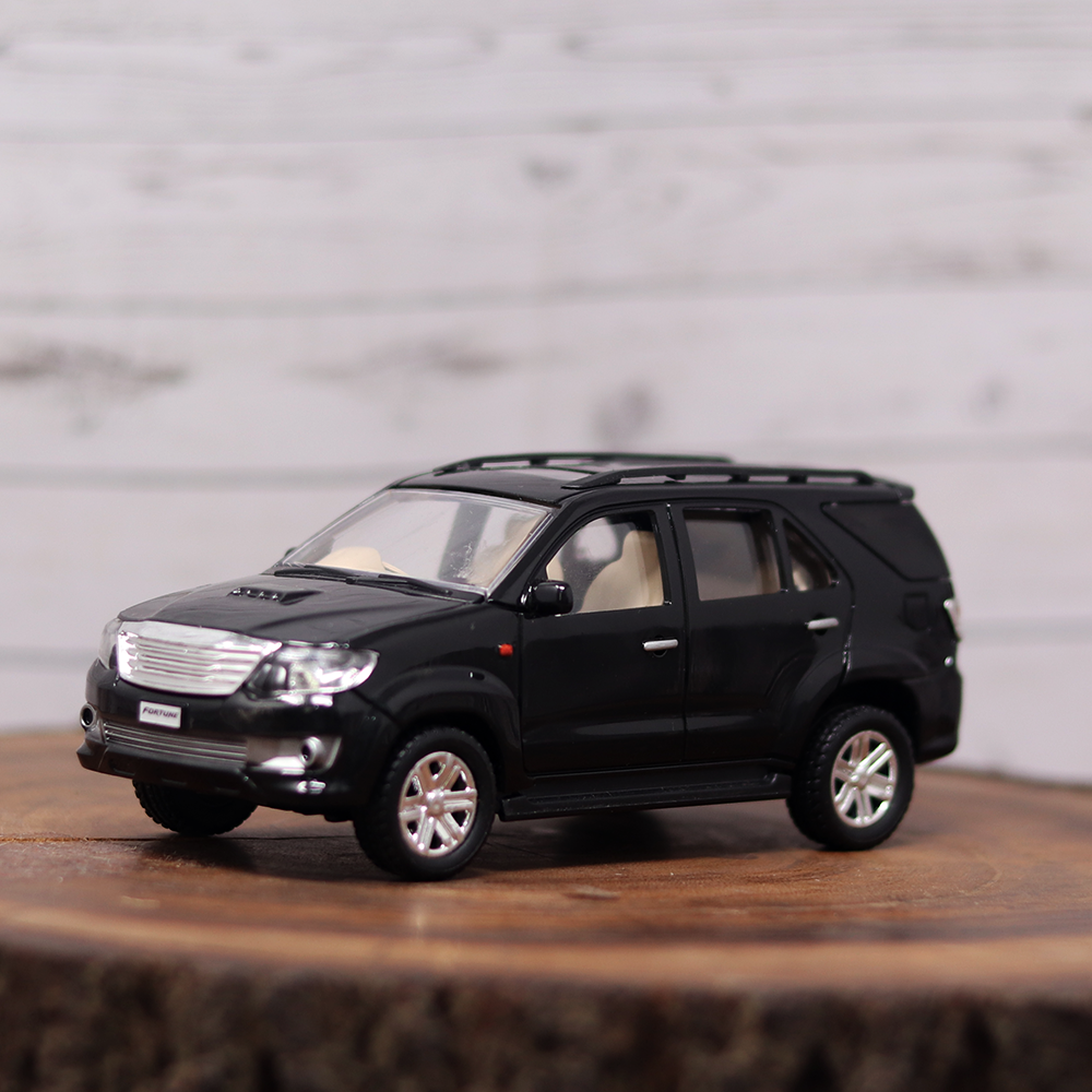 An ideal gift for kids who enjoy playing miniature cars, Fortuner toy car, black in colour.