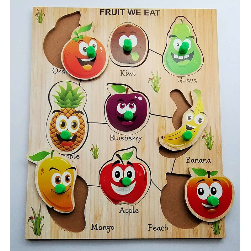 Wooden Jigsaw Puzzles Pre-school Early Learning Toy for Kids Toddlers Multicolor Fruits Name With Shapes Design-2 Educational Games
