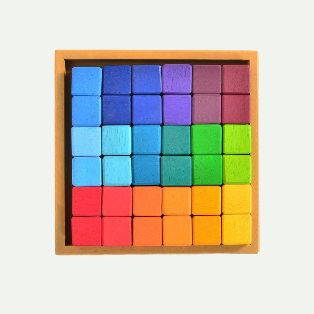 Rainbow Wooden Cube Building Blocks - 36 Squares