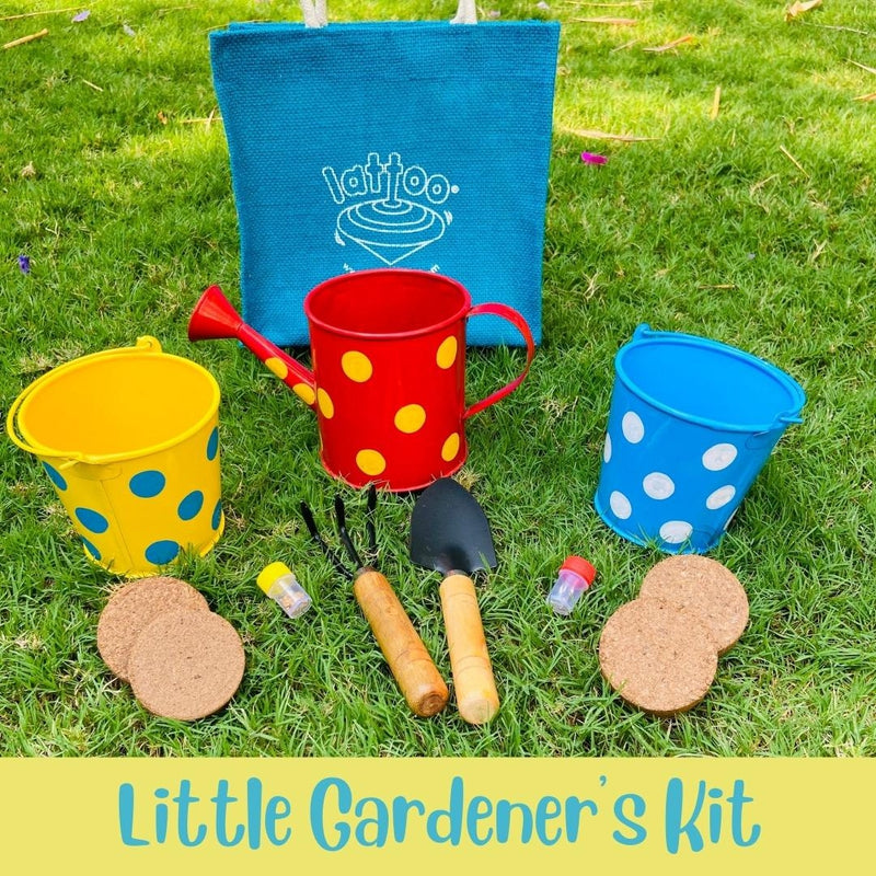 Little Gardener's Kit | A Complete Gardening kit for 3-10 year old with Premium Quality Tools, Planters, Watering can, Soil discs, Seeds, Plant Markers and a cute Jute Bag